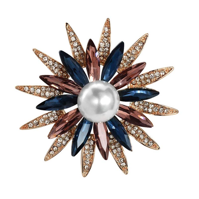 Mamfous Rose Gold Austrain Crystal Geometry Flower Brooch for Women with Simulated Pearl Bouquet Jewelry Accessories (rose gold) - Image 1